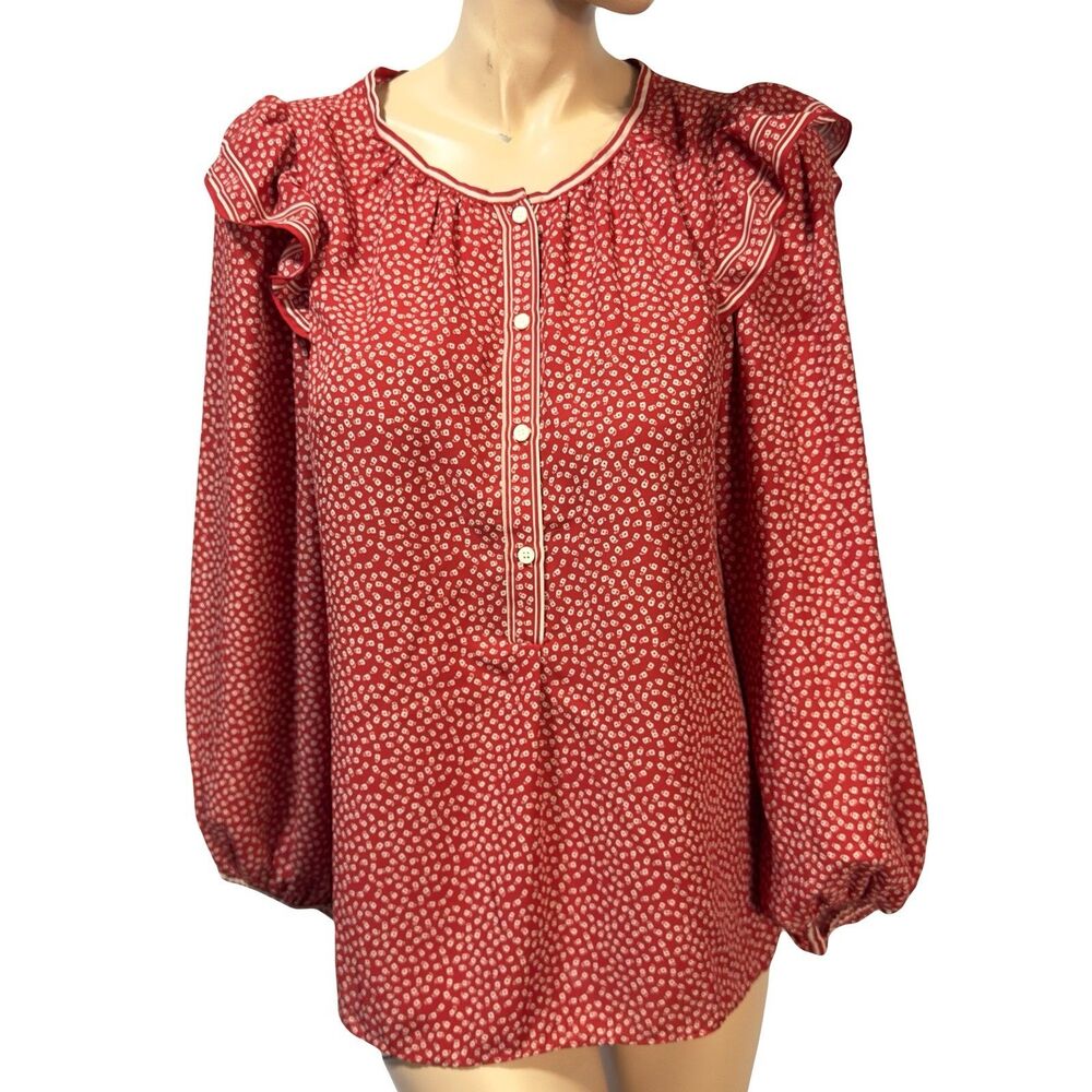 Max Studio Red Floral Blouse Ruffle Shoulder Long Sleeve Size XL